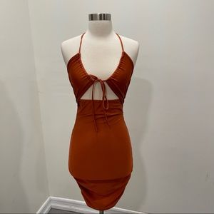 Rust Colored Ruched Mini Dress
